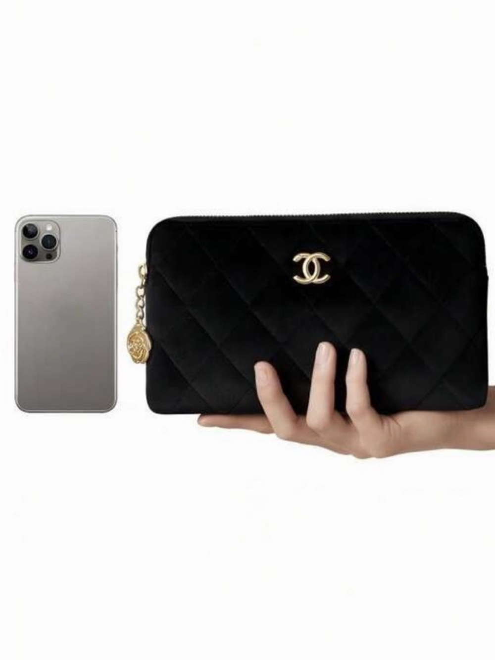 CHANEL Makeup Black Quilted Velvet Zip-Around Clutch with Gold CC Charm - Picture 8 of 9